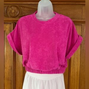 Elan Pink short Sleeve elastic waist Terry Crop Top